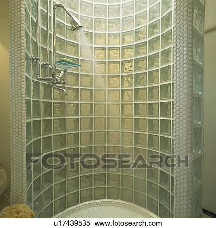 Stock Photography - Curved glass brick shower cabinet. Fotosearch