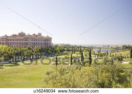 Picture - Golf course with hotel in background and palm fringed driveway.. Fotosearch
