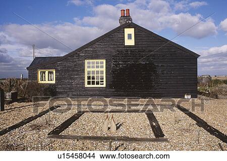 Gravel garden in front of Derek Jarman's black wooden beach house at Dungeness in Kent View Large Photo Image Picture - Gravel garden in front of Derek Jarman's black wooden beach house at Dungeness in Kent. Fotosearch