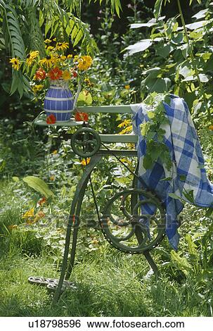 Jug of flowers and blue+white checked fabric on old mangle in garden View Large Photo Image Stock Photograph - Jug of flowers and blue+white checked fabric on old mangle in garden. Fotosearch