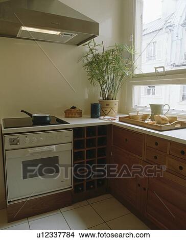 Lighted extractor fan above white oven in small modern apartment kitchen View Large Photo Image Picture - Lighted extractor fan above white oven in small modern apartment kitchen. Fotosearch