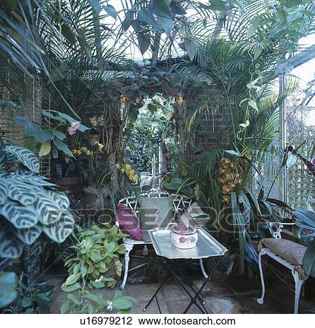 Stock Image - Lush green plants in conservatory extension with small metal table and chairs. Fotosearch