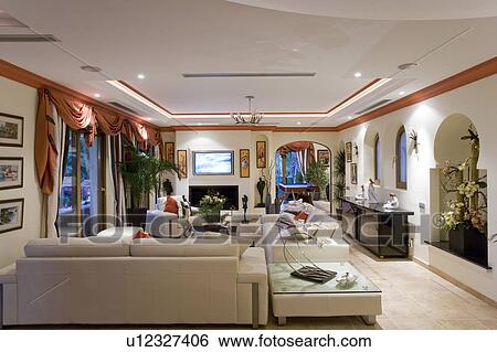 Mclundie villa livingroom with white sofas and lighting. View Large Photo Image Stock Photograph - Mclundie villa livingroom with white sofas and lighting.. Fotosearch
