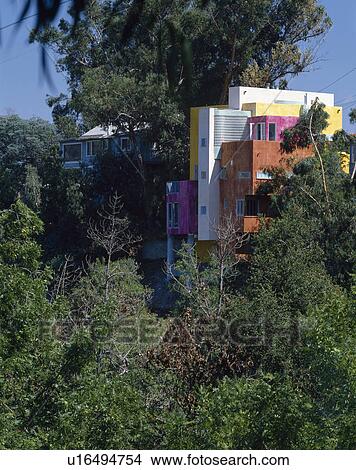 Multicoloured modern house on wooded hillside in Hollywood View Large Photo Image Picture - Multicoloured modern house on wooded hillside in Hollywood. Fotosearch