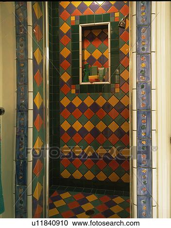 Multicoloured tiled shower room View Large Photo Image Stock Image - Multicoloured tiled shower room. Fotosearch