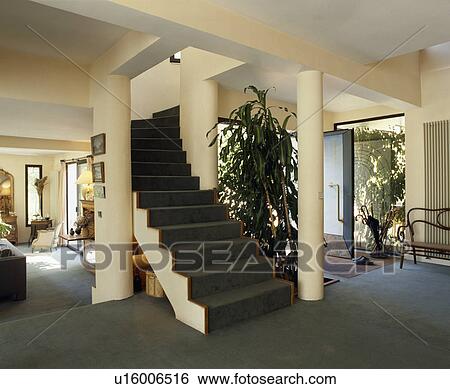 Pillars on either side of open staircase in large openplan hall with grey carpet View Large Photo Image Stock Photograph - Pillars on either side of open staircase in large openplan hall with grey carpet. Fotosearch