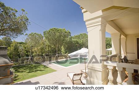 Rear of villa in Southern Spain overlooking pool and woodland beyond. View Large Photo Image Stock Photograph - Rear of villa in Southern Spain overlooking pool and woodland beyond.. Fotosearch