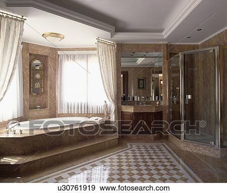 Steps up to bath in modern marble bathroom with chequerboard floor View Large Photo Image Stock Photo - Steps up to bath in modern marble bathroom with chequerboard floor. Fotosearch