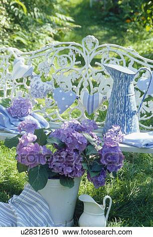 Stock Image - Still-life of purple hydrangea flowers and blue+white enamel jug on white garden bench with garland of fabric hearts. Fotosearch
