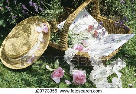 Still-life of straw hat and basket with open book and pink roses with white lace ribbon View Large Photo Image Stock Photograph - Still-life of straw hat and basket with open book and pink roses with white lace ribbon. Fotosearch