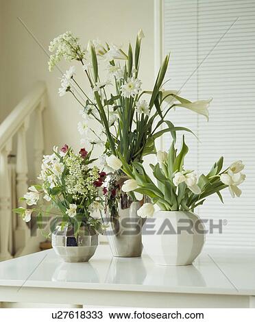 Still-Life of white flowers in metal and white vases View Large Photo Image Stock Image - Still-Life of white flowers in metal and white vases. Fotosearch