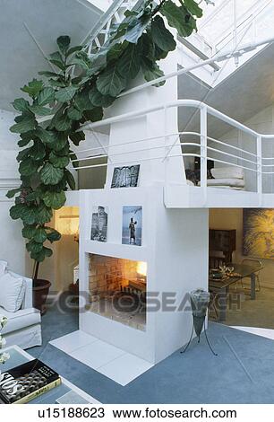 Stock Image - Tall climbing green houseplant on gallery above fireplace in modern loft conversion. Fotosearch