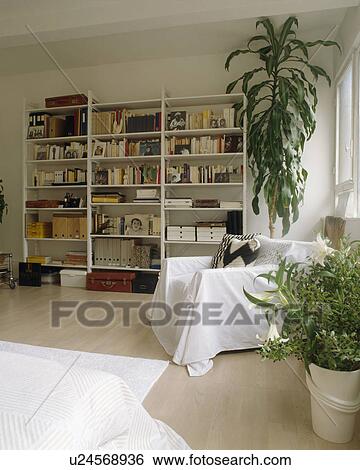 White loosecover on armchair in living room with white shelving and tall houseplants View Large Photo Image Stock Photograph - White loosecover on armchair in living room with white shelving and tall houseplants. Fotosearch