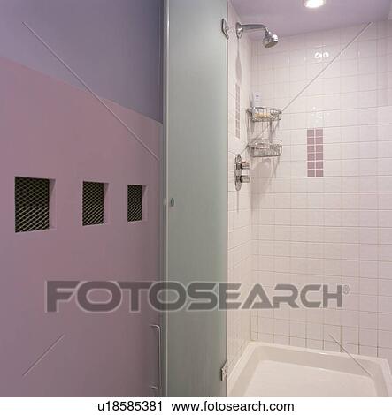 White tiled shower in modern bathroom View Large Photo Image Stock Image - White tiled shower in modern bathroom. Fotosearch