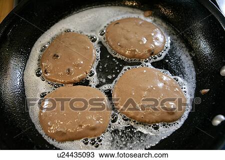 Stock Image - Chocolate Pancake batter in Pan /step shot. Fotosearch