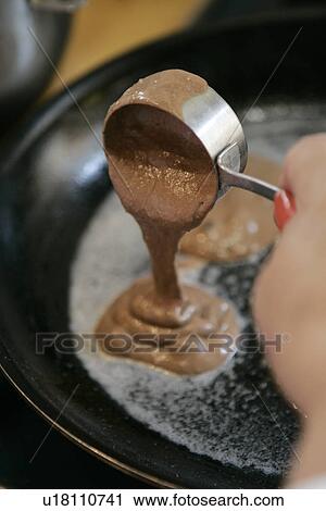 Stock Image - Chocolate Pancake batter in Pan. Fotosearch