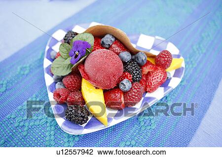 Stock Image - Chocolate Taco with fresh fruit and fruit sorbet. Fotosearch