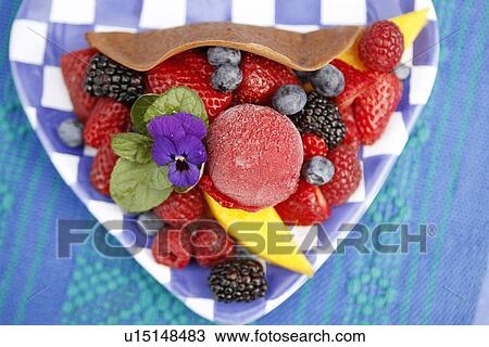 Stock Image - Chocolate Taco with fresh fruit and fruit sorbet. Fotosearch