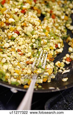 Stock Image - Corn, Peppers and Scallions in Pan. Fotosearch
