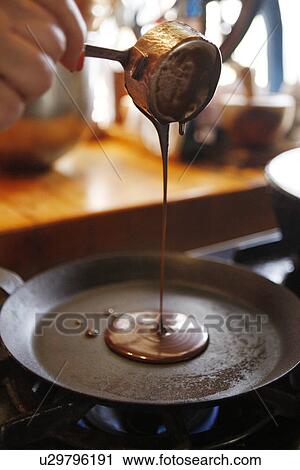 Stock Image - Dripping Chocolate pancakes mixture on Pan/ making pancakes. Fotosearch