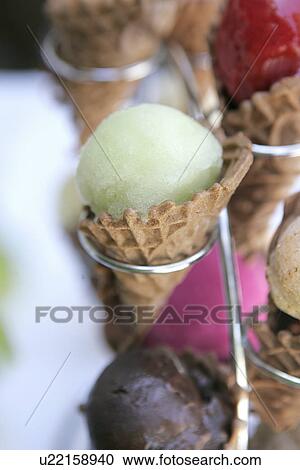 Stock Image - Lime Sorbet in a Waffle Cone. Fotosearch