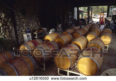 Stock Image - Wine barrels in storage room. Fotosearch