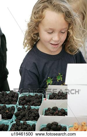 Stock Image - Young Girl Choosing Blackberries at Farmers Market. Fotosearch