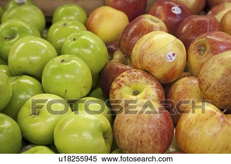 Close-up of apples on display in market View Large Photo Image Stock Photography - Close-up of apples on display in market. Fotosearch