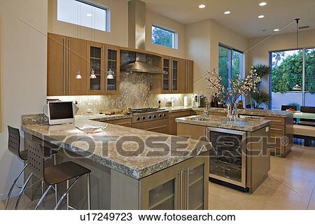 Contemporary kitchen in luxury mansion View Large Photo Image Stock Image - Contemporary kitchen in luxury mansion. Fotosearch