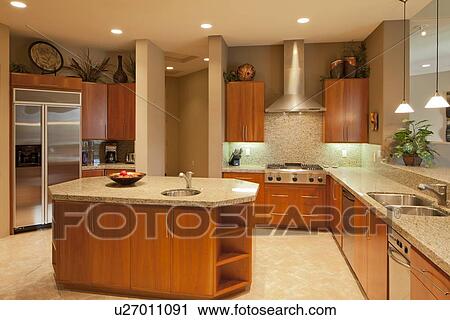 Stock Image - Modern kitchen in luxury manor house. Fotosearch