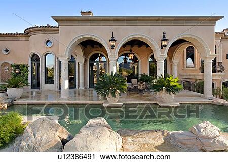 Swimming pool in foreground of manor house View Large Photo Image Stock Image - Swimming pool in foreground of manor house. Fotosearch