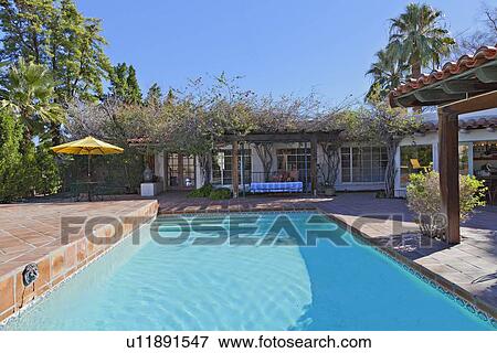 Swimming pool in front of manor house View Large Photo Image Stock Photo - Swimming pool in front of manor house. Fotosearch