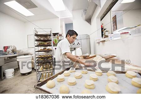 Young baker making dough in bakery kitchen View Large Photo Image Stock Photograph - Young baker making dough in bakery kitchen. Fotosearch