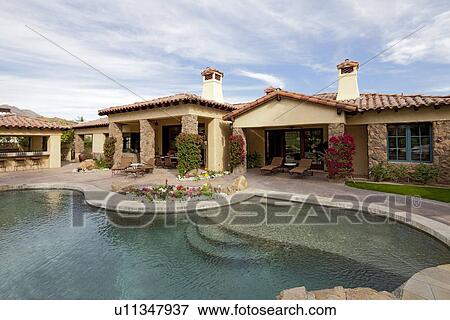 Swimming pool in front of luxurious mansion View Large Photo Image Stock Photo - Swimming pool in front of luxurious mansion. Fotosearch