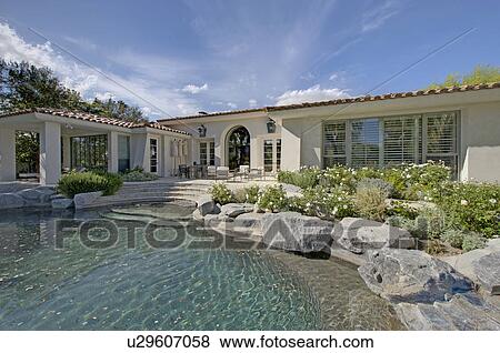 View of swimming pool of luxury mansion View Large Photo Image Stock Photo - View of swimming pool of luxury mansion. Fotosearch