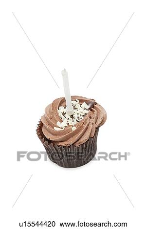 Stock Image - Chocolate cupcake with candle over white background. Fotosearch