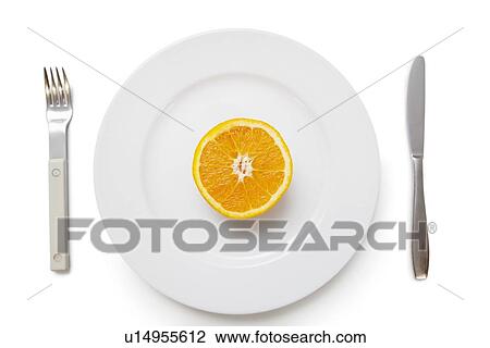 Cross section of an orange in plate with fork and knife over white background View Large Photo Image Stock Image - Cross section of an orange in plate with fork and knife over white background. Fotosearch