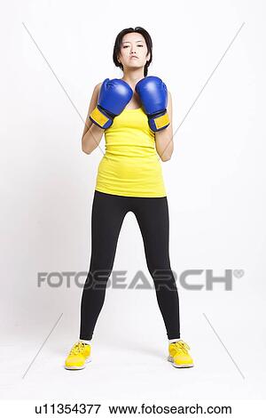 Portrait of confident Asian woman wearing boxing gloves against white background View Large Photo Image Stock Photo - Portrait of confident Asian woman wearing boxing gloves against white background. Fotosearch