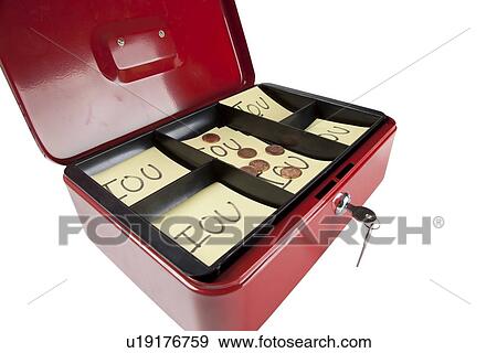 Stock Photo - Open box with IOU notes and coins over white background. Fotosearch