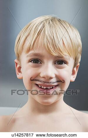 Portrait of cute Caucasian boy with painted moustache View Large Photo Image Stock Photo - Portrait of cute Caucasian boy with painted moustache. Fotosearch