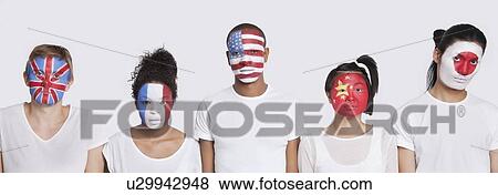 Portrait of multi-ethnic group with various national flags painted on face against white background View Large Photo Image Stock Photo - Portrait of multi-ethnic group with various national flags painted on face against white background. Fotosearch