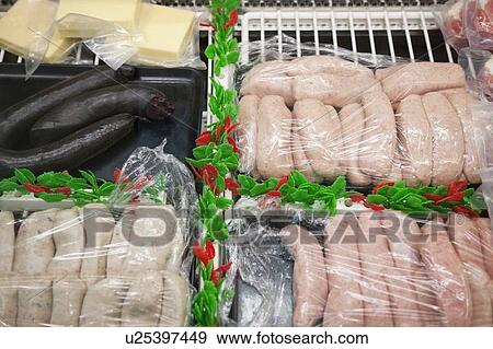 Close-up of sausages for sale View Large Photo Image Stock Photo - Close-up of sausages for sale. Fotosearch