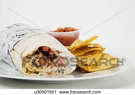 Plate of Burrito wrap and nachos with sauce over white background View Large Photo Image Stock Image - Plate of Burrito wrap and nachos with sauce over white background. Fotosearch