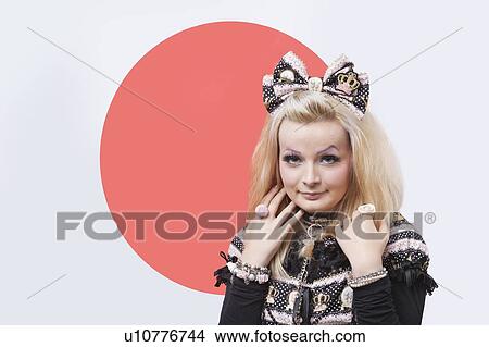 Portrait of beautiful young harajuku woman over Japanese flag View Large Photo Image Picture - Portrait of beautiful young harajuku woman over Japanese flag. Fotosearch
