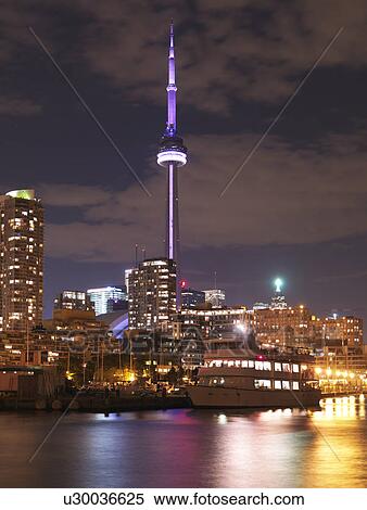 Toronto Downtown Harbourfront Skyline Nighttime Scenery Ontario