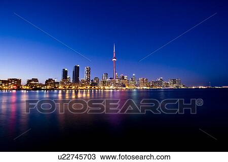 Toronto Skyline At Night Viewed From Island Airport Ontario