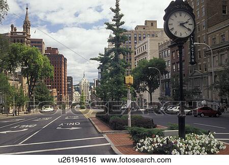 Stock Photograph -  Albany, New York, State Street in downtown Albany the capital city in the state of New York., . Fotosearch