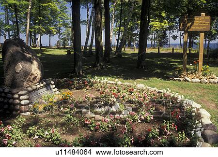 Picture -  American Indian, native american, Chippewa Chief, Upper Peninsula, U. P Marquette, Michigan, Chippewa Chief Graveyard at Presque Isle Park on Lake Superior in Marquette in the state of Michigan.. Fotosearch
