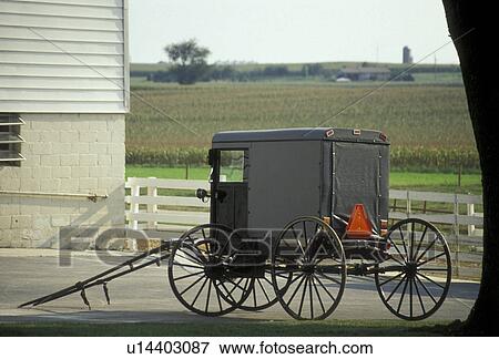 Stock Photo -  amish, buggy, amish country, Lancaster County, Pennsylvania, Pennsylvania Dutch Country, An Amish covered buggy is parked outside an Amish farm in Lancaster in the state of Pennsylvania. . Fotosearch