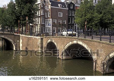 Stock Image -  Amsterdam, Holland, Netherlands, bridge, Europe, Stone bridge over a canal in Amsterdam.. Fotosearch